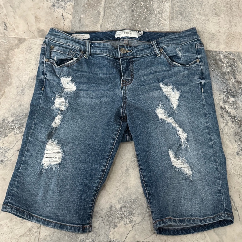 torrid Blue Distressed Boyfriend Jean Bermuda Shorts